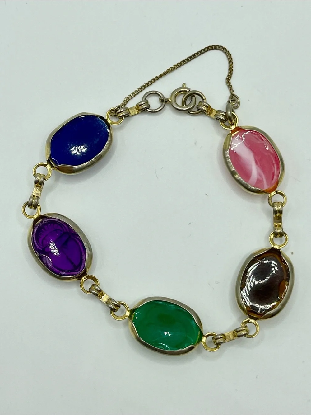 Multi-Color Scarab Link Bracelet - Gold Tone Accent Acrylic Plastic